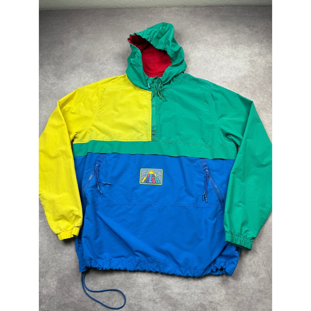Teddy Fresh Colorblock Anorak Jacket Mens M Green Yellow Blue Windbreaker Light